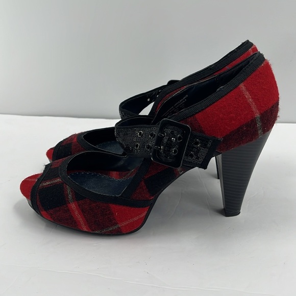 Bongo Vintage Plaid Peep-Toe Heels Mary Jane Platform Sequin Red Black Goth 11 - Picture 3 of 8